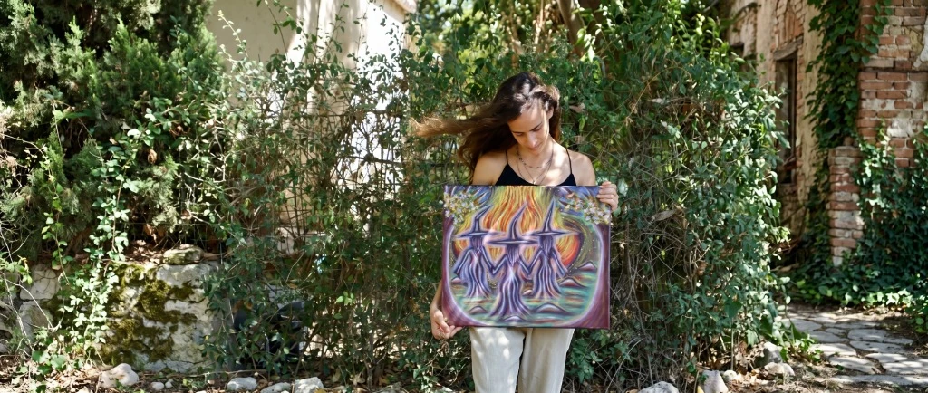 האמנית גלי בן אליהו בגינה מחזיקה ביצירת אמנות מקורית